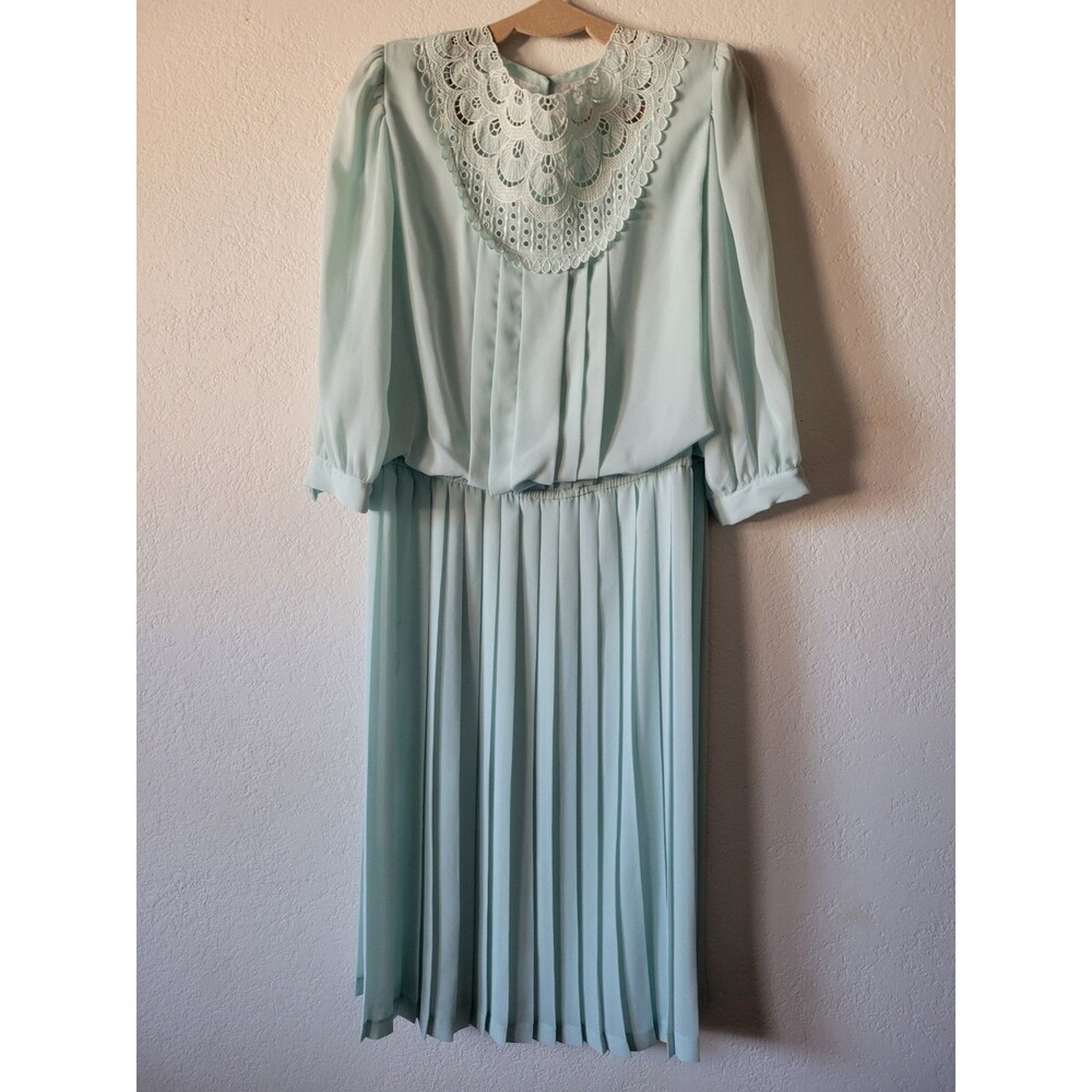 VTG In The Mood Womens Green Pleated Midi Dress Size 12 80s chiffon Roper Romp